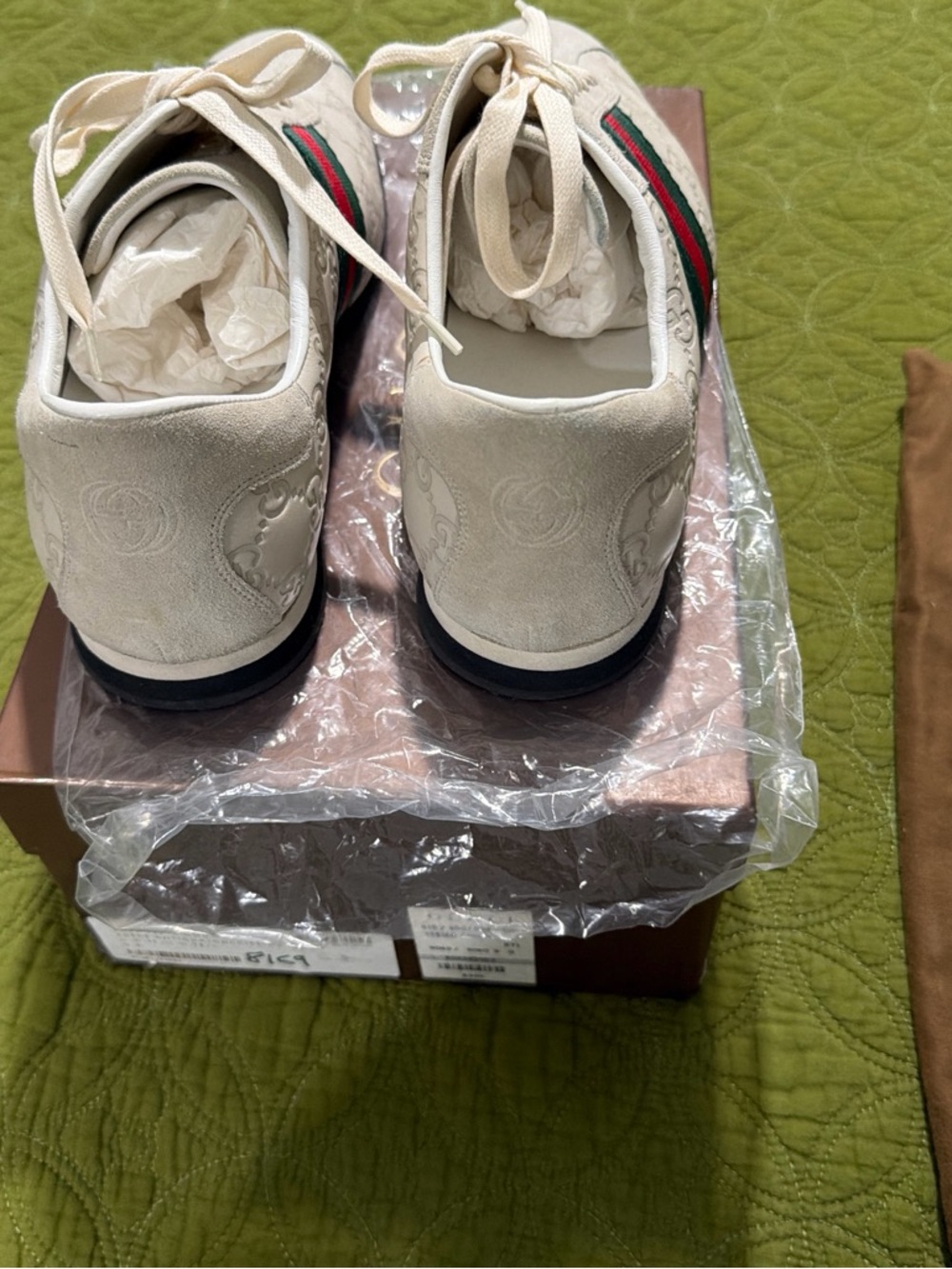 Gucci Cream Monogram Lace-Up Sneakers with Red & Green Web Stripe - Picture 2 of 6